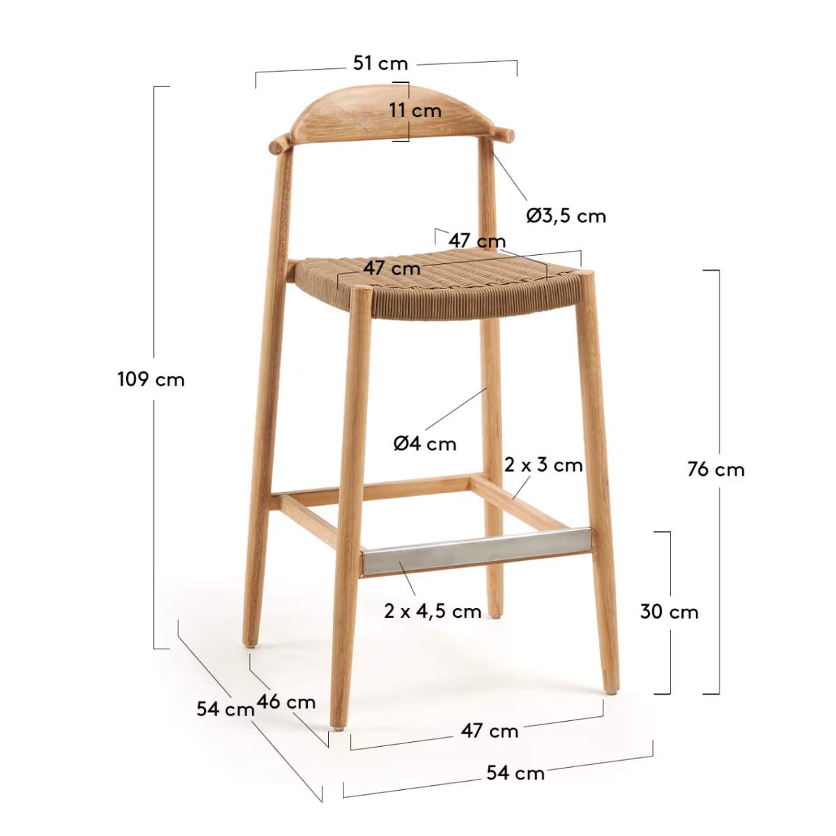Kave Home Nina stool in solid acacia wood, height 76 cm FSC 100%
