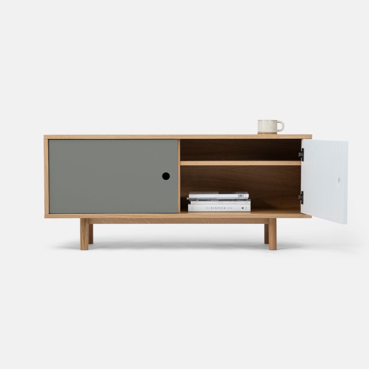 John Green Sideboard Oak with Ogrey door open
