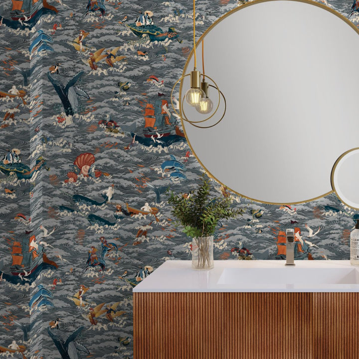 Brand Mckenzie Ocean Waves Wallpaper Charcoal Drift
