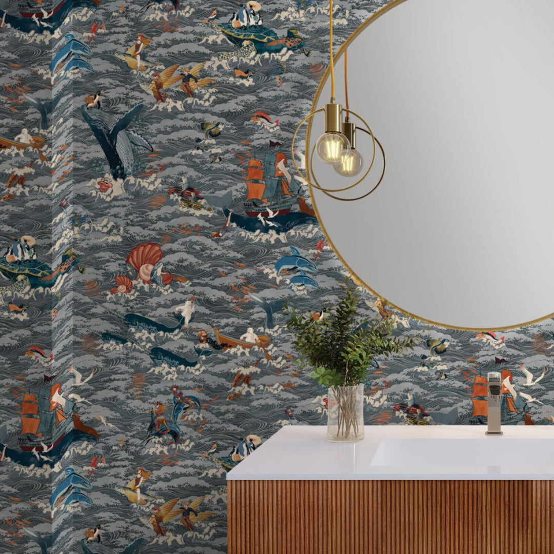 Brand Mckenzie Ocean Waves Wallpaper Charcoal Drift