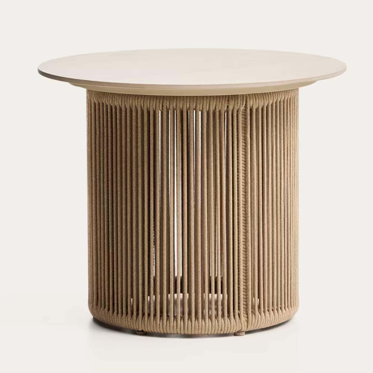 Kave Home Orosei outdoor side table in sintered stone, aluminium and ecru rope Ø 55 cm
