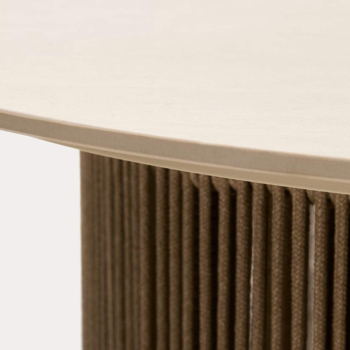 Kave Home Orosei outdoor coffee table in sintered stone, ecru aluminium and beige rope Ø 90 cm