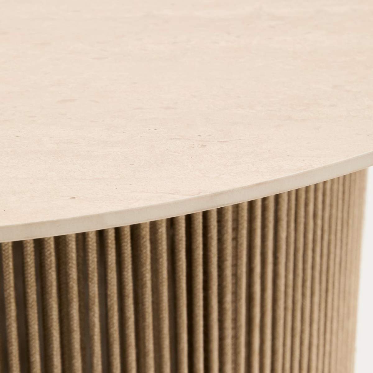 Kave Home Orosei outdoor coffee table in sintered stone, ecru aluminium and beige rope Ø 90 cm