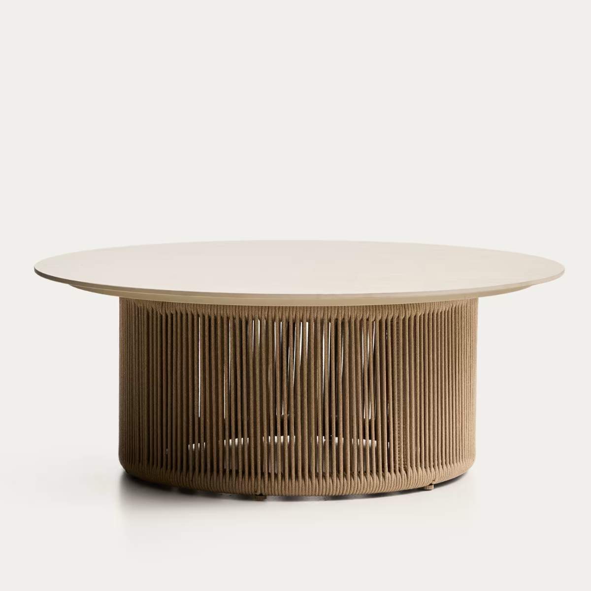 Kave Home Orosei outdoor coffee table in sintered stone, ecru aluminium and beige rope Ø 90 cm