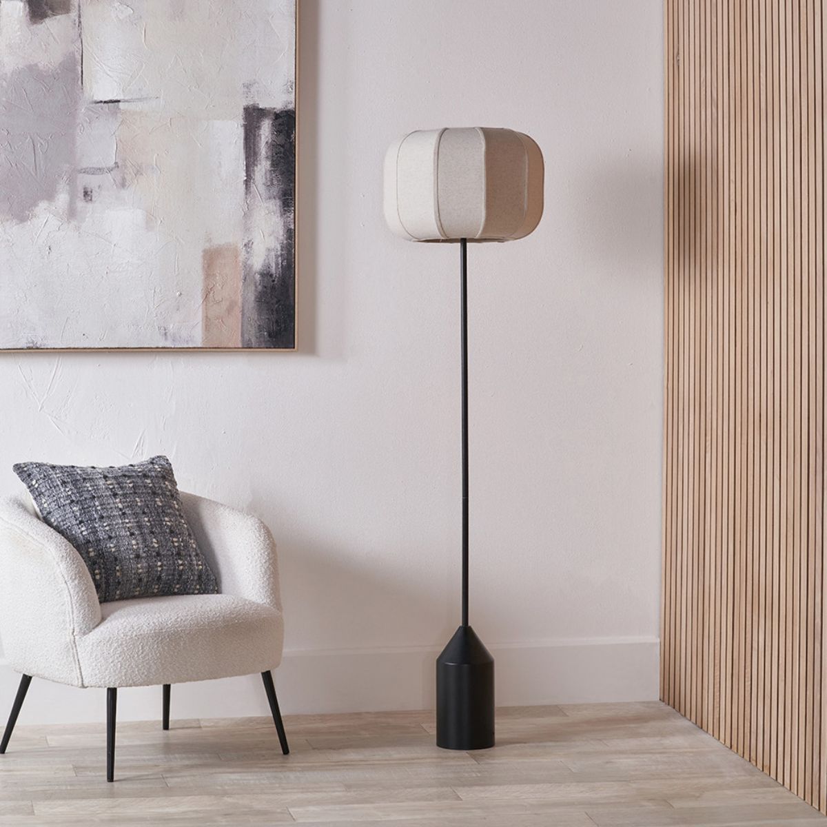 Pacific Lifestyle Oscar Black Metal and Natural Linen Structured Floor Lamp