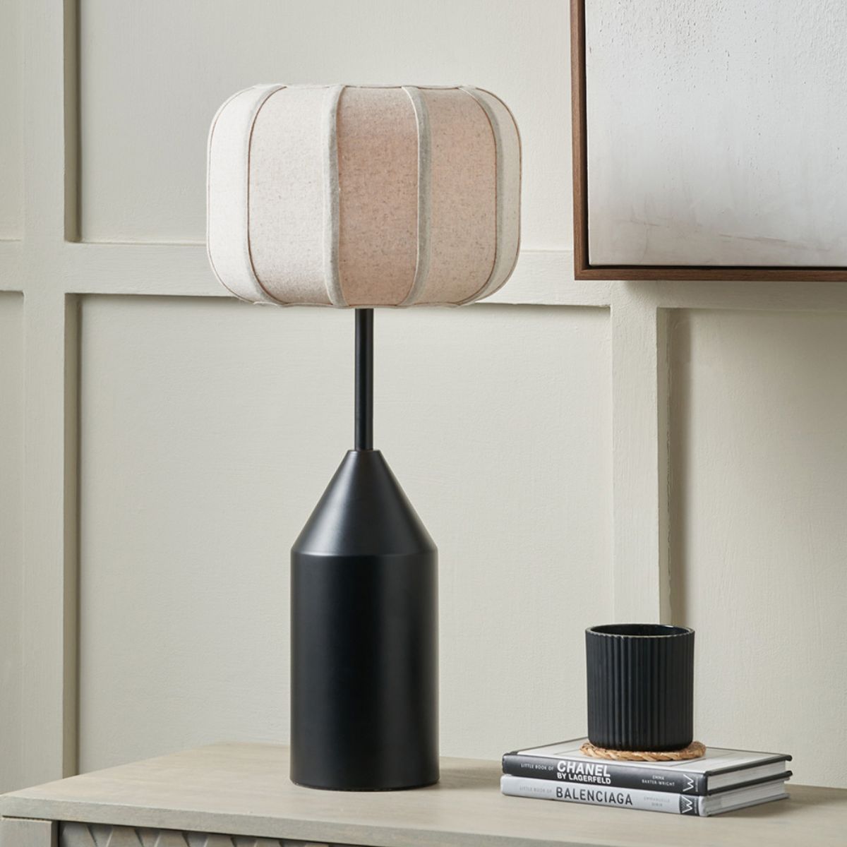 Pacific Lifestyle Oscar Black Metal and Natural Linen Structured Table Lamp