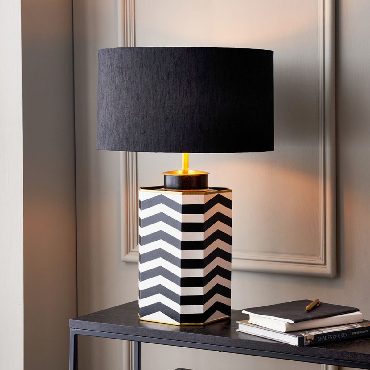 Pacific Lifestyle Oskar Black and White Chevron Hand Painted Metal Table Lamp Base