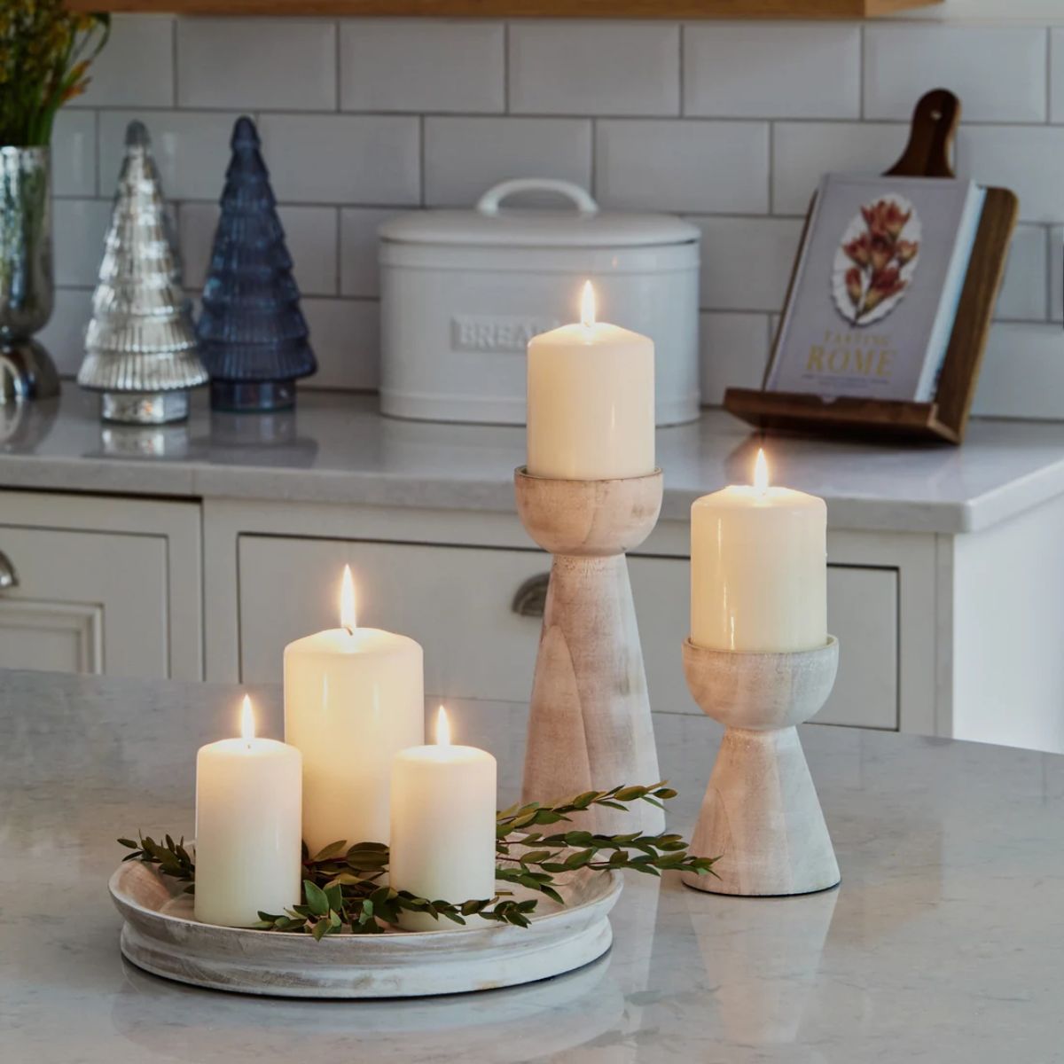 Ivyline Padstow White Wash Wooden Candle Holder H14cm D9cm