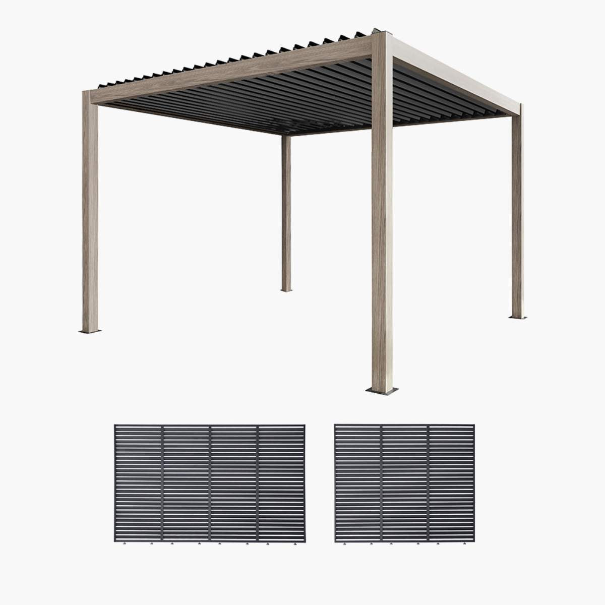 Pacific Lifestyle Pavillo Teak 3.5m x 3.5m Pergola, Pavillo Louvre Front/Back Panel Long, Pavillo Louvre Side Panel Short, Delivery and Installation