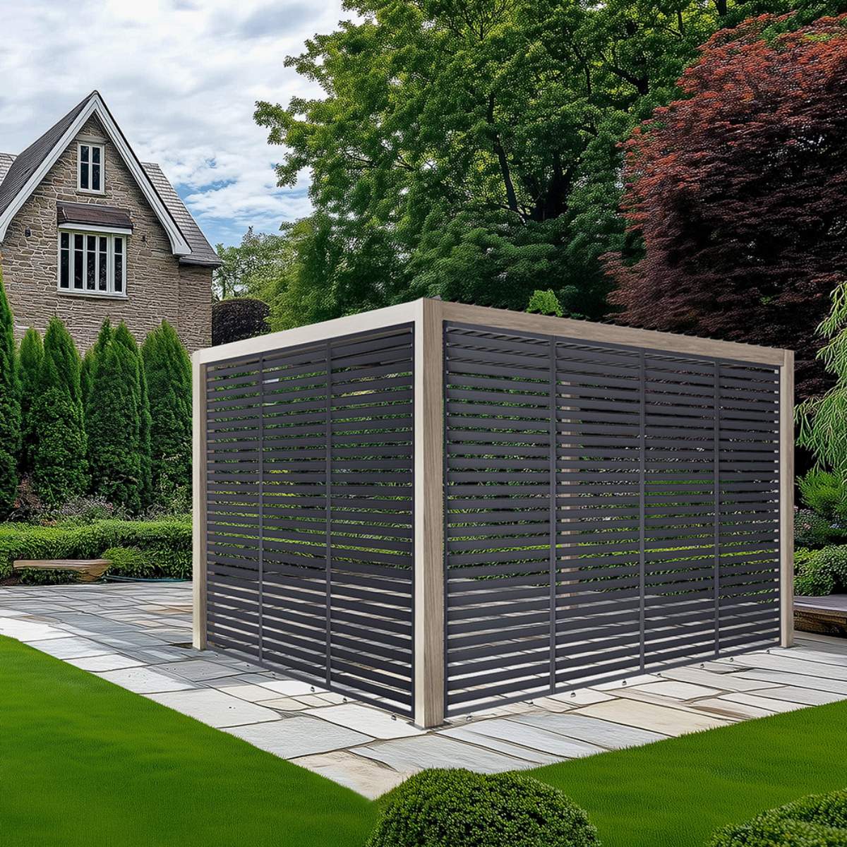 Pacific Lifestyle Pavillo Teak 3.5m x 3.5m Pergola, Pavillo Louvre Front/Back Panel Long, Pavillo Louvre Side Panel Short, Delivery and Installation