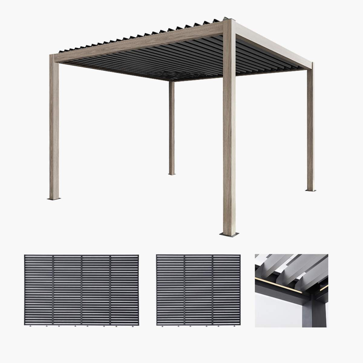 Pacific Lifestyle Pavillo Teak 3.5m x 3.5m Pergola, Pavillo Louvre Front/Back Panel Long, Pavillo Louvre Side Panel Short, Pavillo LED plus Delivery and Installation