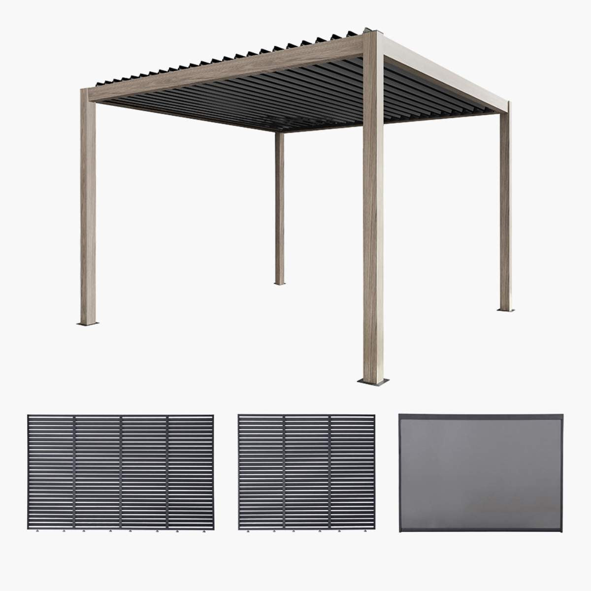 Pacific Lifestyle Pavillo Teak 3.5m x 3.5m Pergola, Pavillo Louvre Front/Back Panel Long, Pavillo Louvre Side Panel Short, Pavillo Side Blind Short, Delivery and Installation
