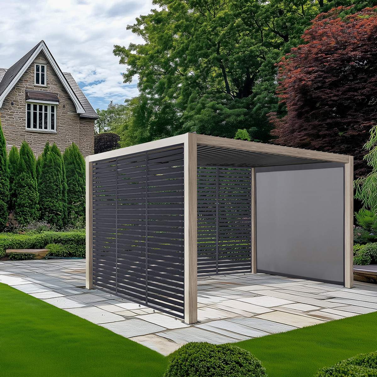 Pacific Lifestyle Pavillo Teak 3.5m x 3.5m Pergola, Pavillo Louvre Front/Back Panel Long, Pavillo Louvre Side Panel Short, Pavillo Side Blind Short, Delivery and Installation