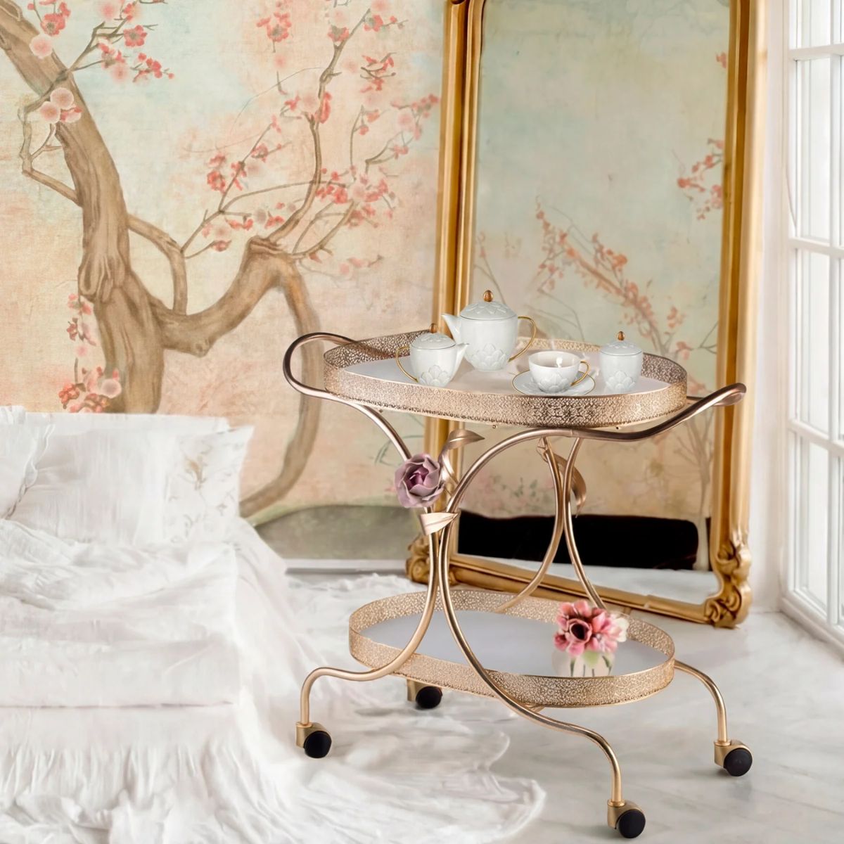 Villari Peony Tea Trolley - Pink & Gold