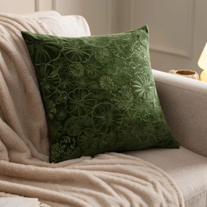 Furn Picking Patch Embroidered Velvet Cushion Greenwood