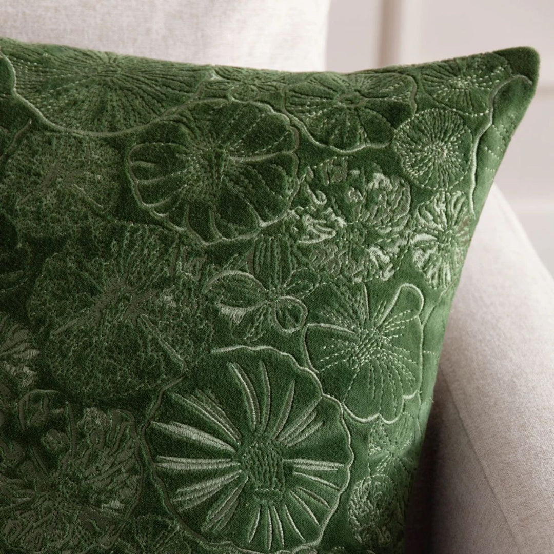 Furn Picking Patch Embroidered Velvet Cushion Greenwood
