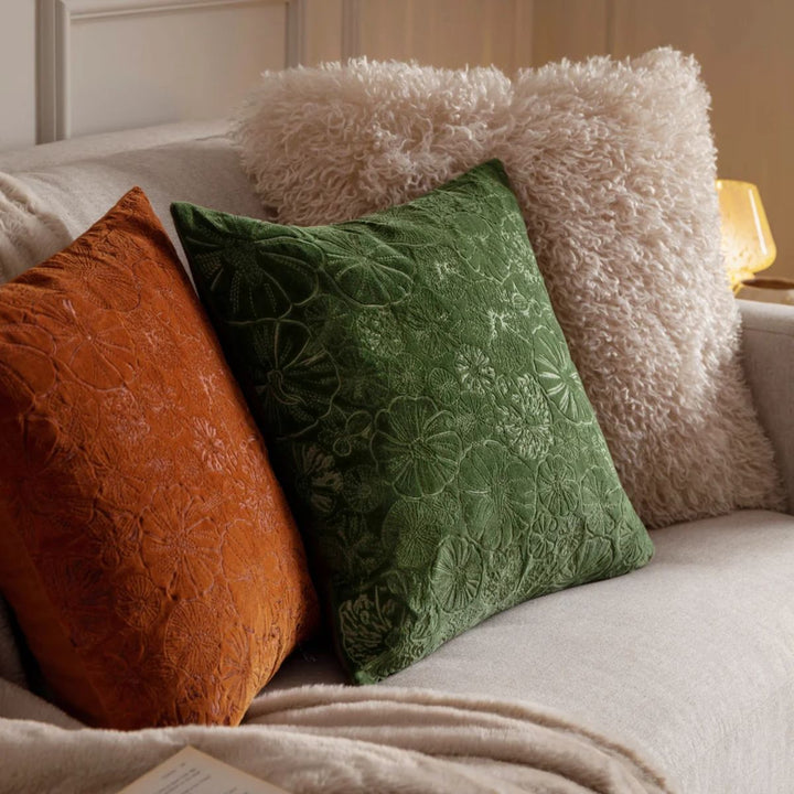 Furn Picking Patch Embroidered Velvet Cushion Greenwood