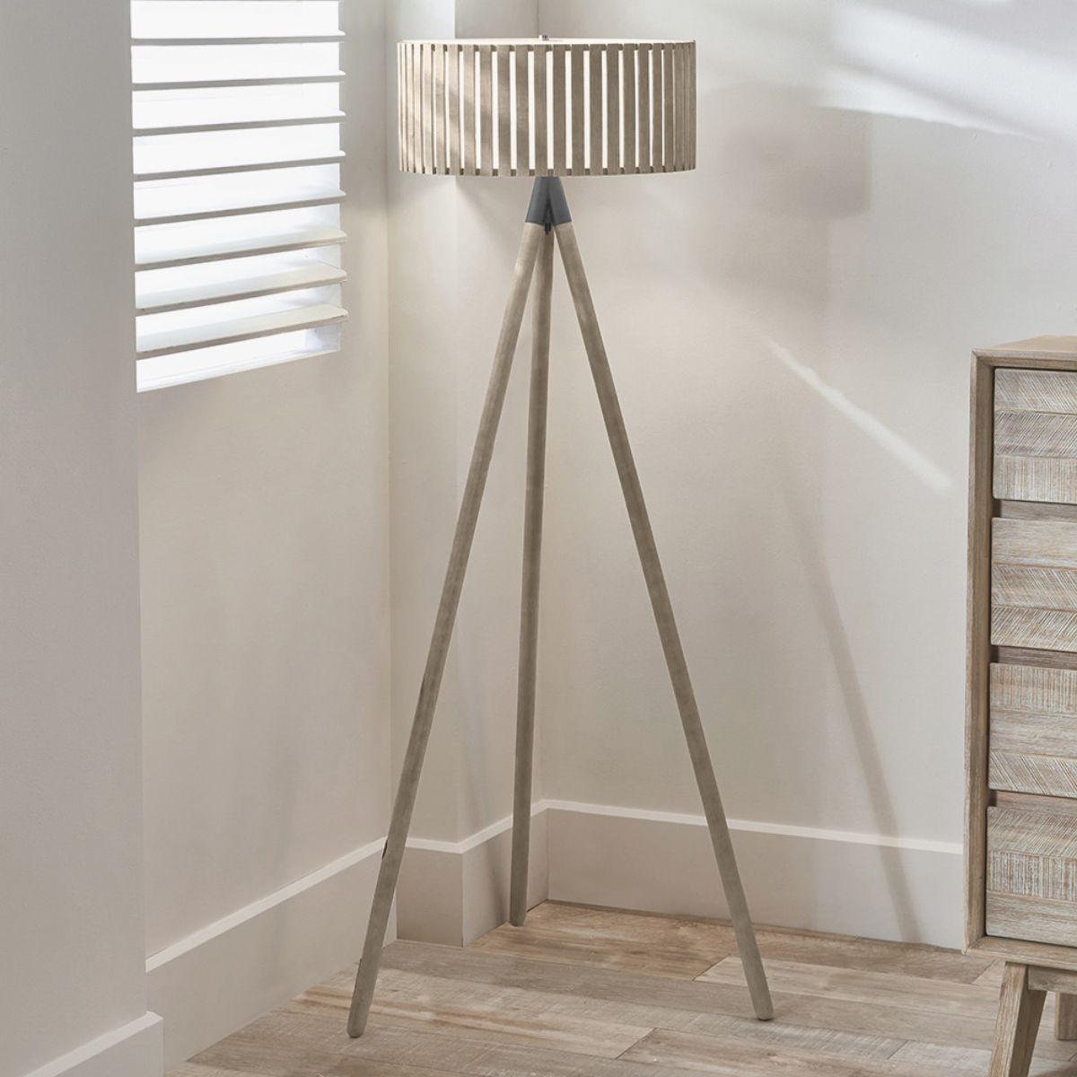 Pacific Lifestyle Rabanne Slatted Antique Wood Tripod Floor Lamp
