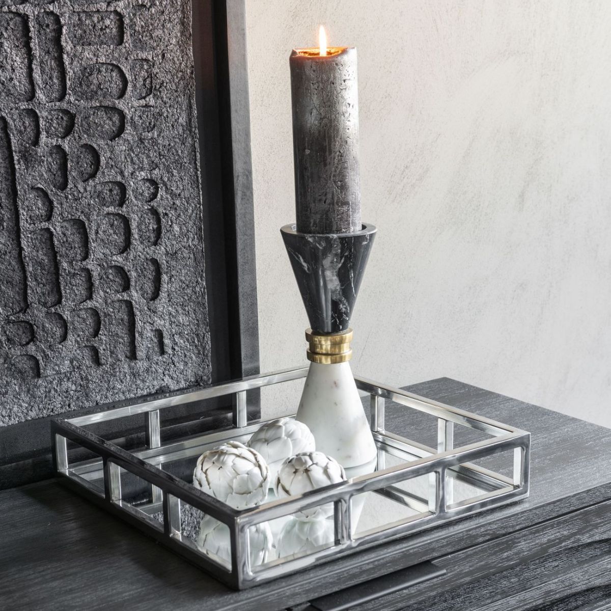 Libra Interiors Ravello Black & White Marble Candle Holder 21cm - Set of 2