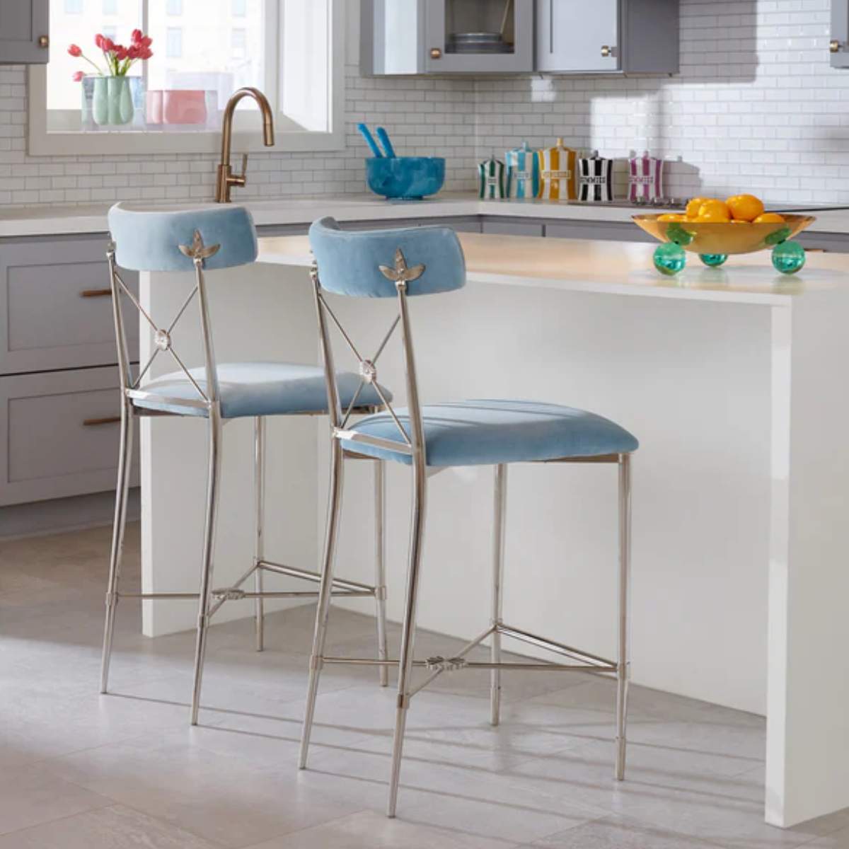 Jonathan Adler Rider Counter Stool in Rialto Sky Velvet