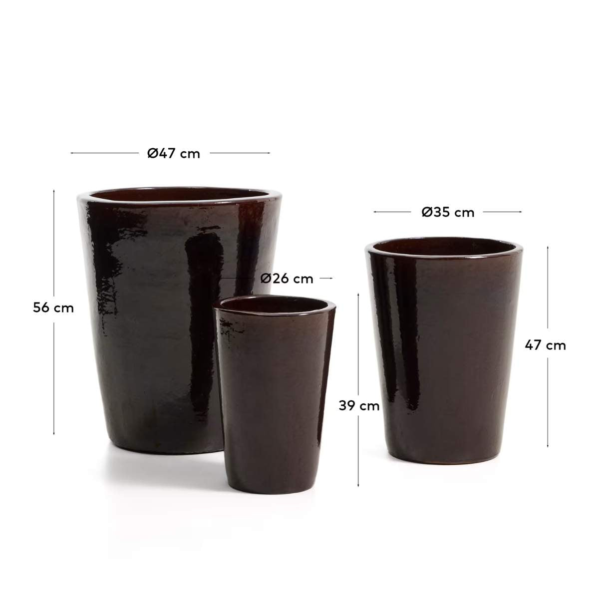 Kave Home Rotja set of 3 terracotta planters with glazed garnet finish Ø 26 / 35 / 47 cm