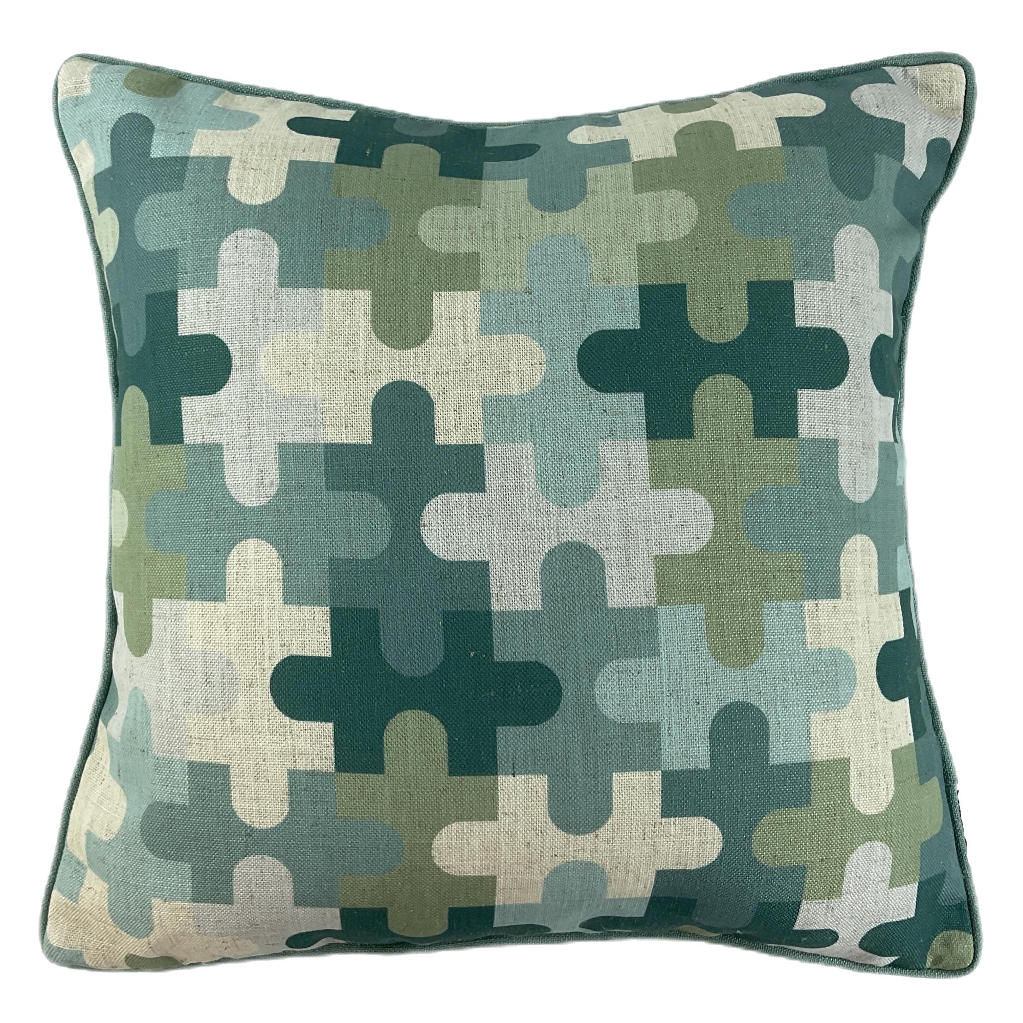 Malini Modern Jigsaw Print on Fax Linen Seafoam