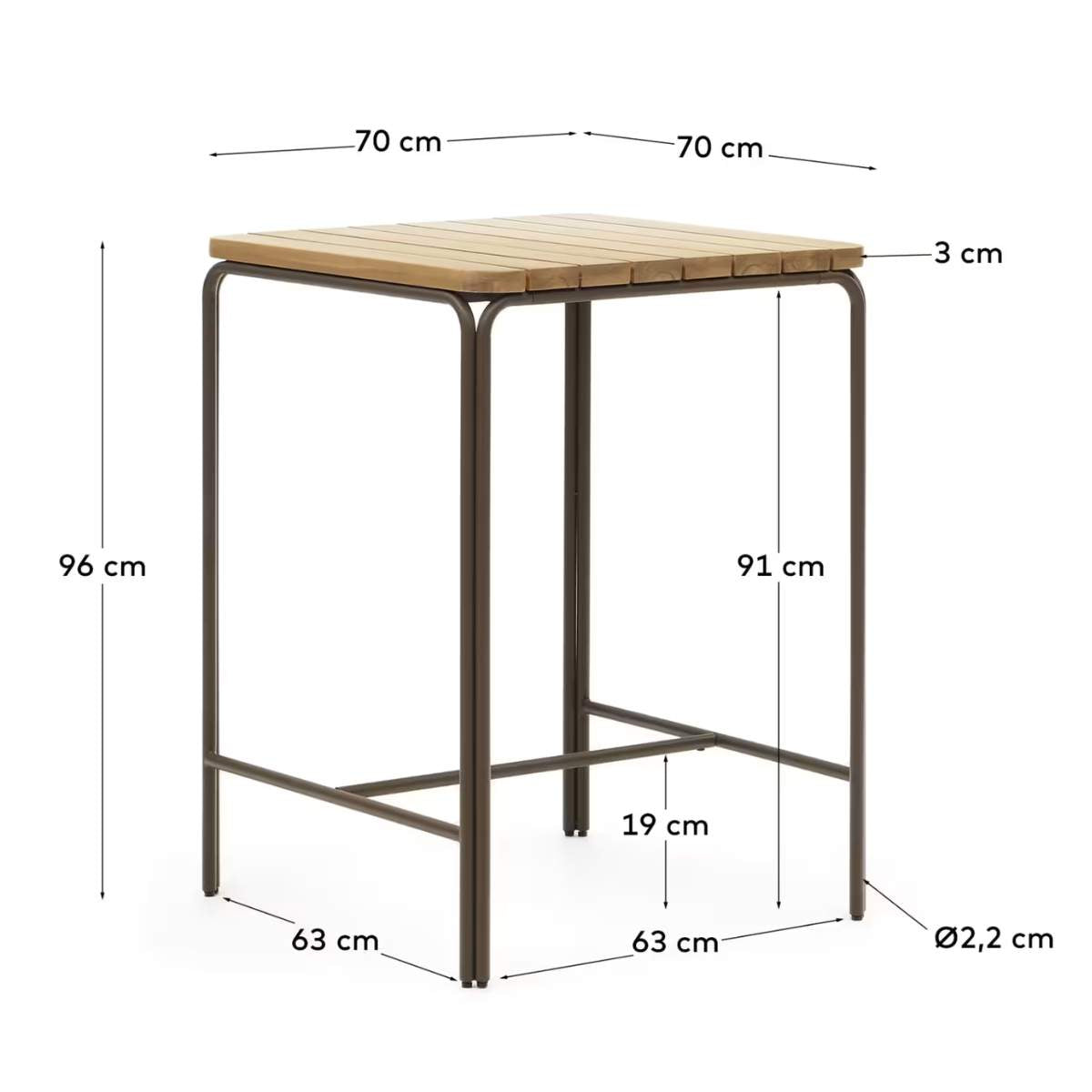 Kave Home Salguer solid acacia & brown steel bar table, outdoor suitable, 70 x 70 cm FSC 100%