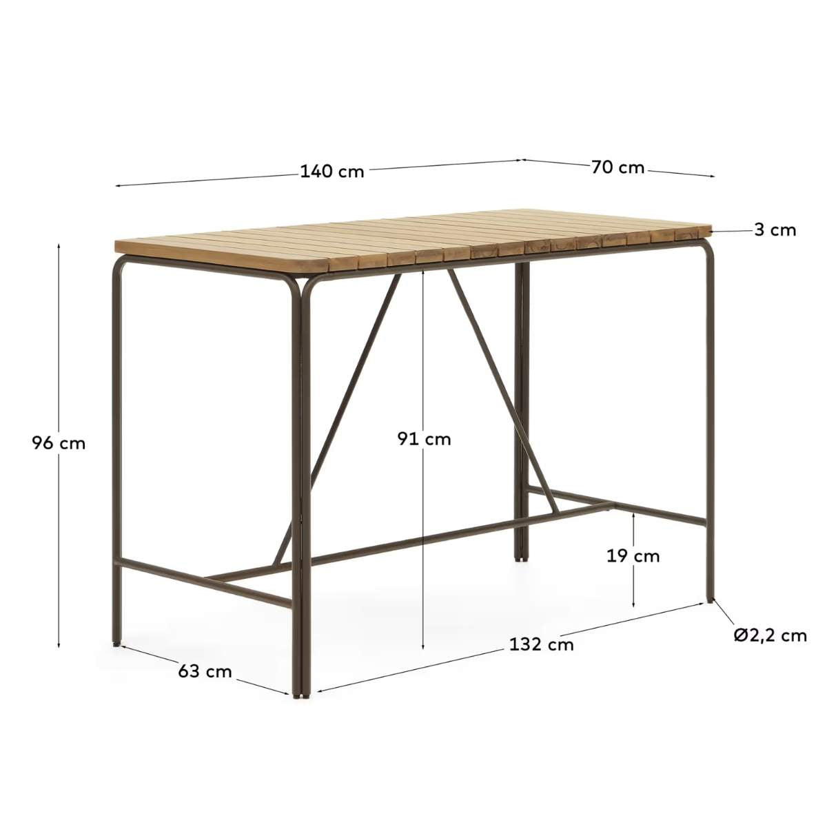 Kave Home Salguer solid acacia & brown steel bar table, outdoor suitable, 140 x 70 cm FSC 100%