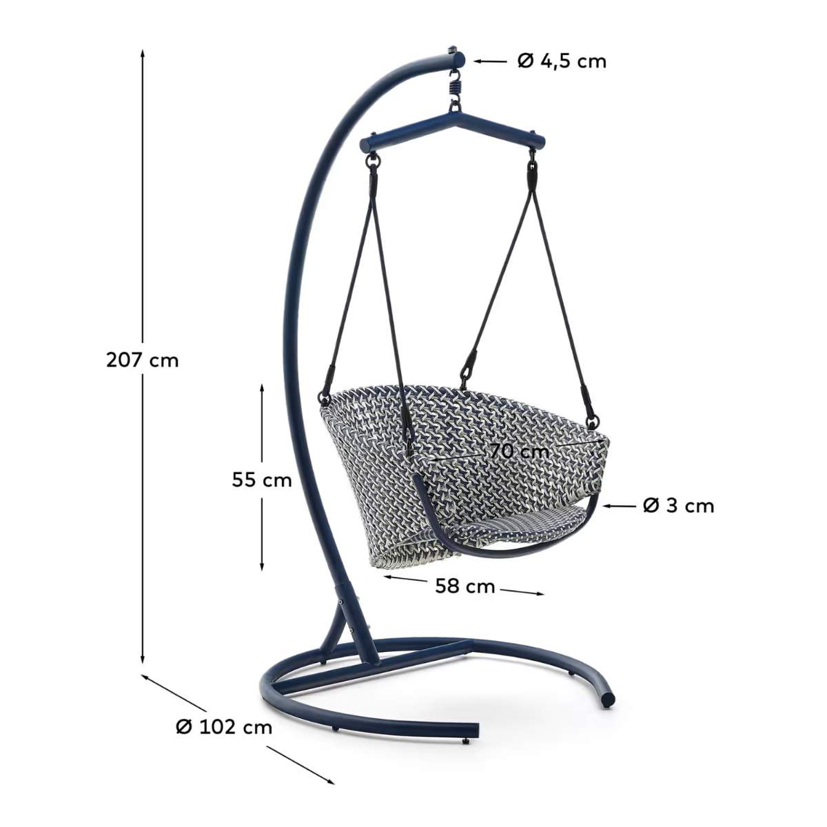 Kave Home Saliga blue hanging armchair with base in aluminium and synthetic rattan