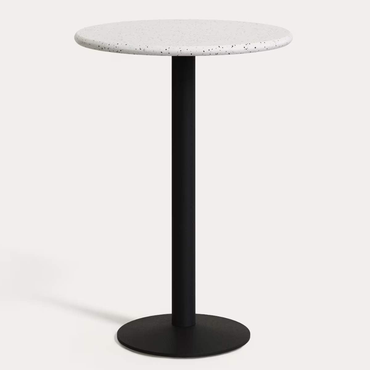 Kave Home Saura round high bar table made of black metal with a white terrazzo top, 96 x Ø70 cm