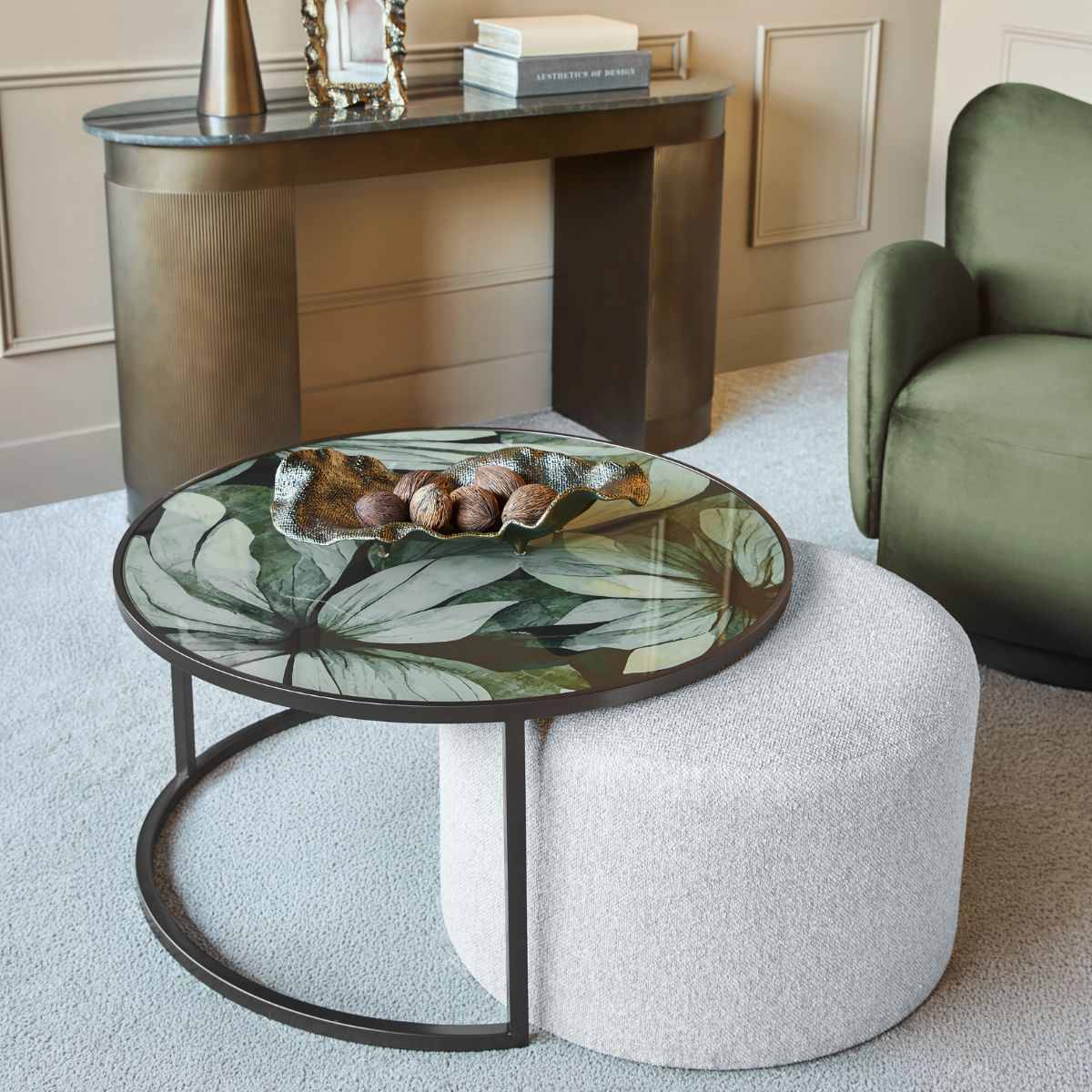 Libra Interiors Savanna Leaf Coffee Table & Nesting Pouffe