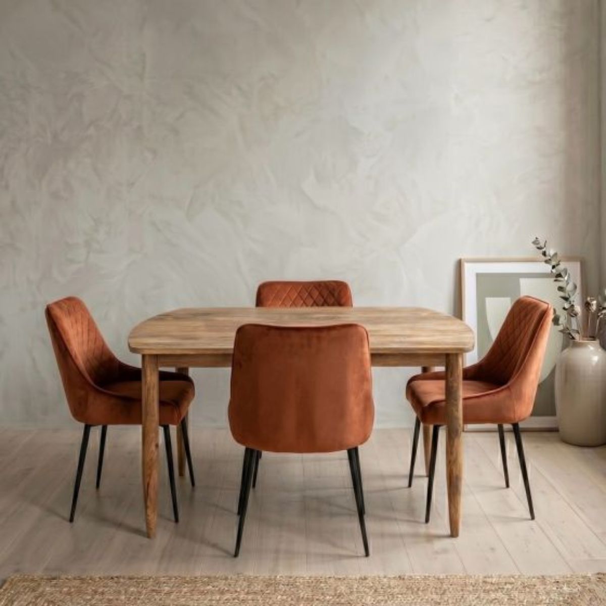Trade Furniture Scandi Mango 130cm Dining Table & 4 Henley Velvet Dining Chairs (6 Colours)