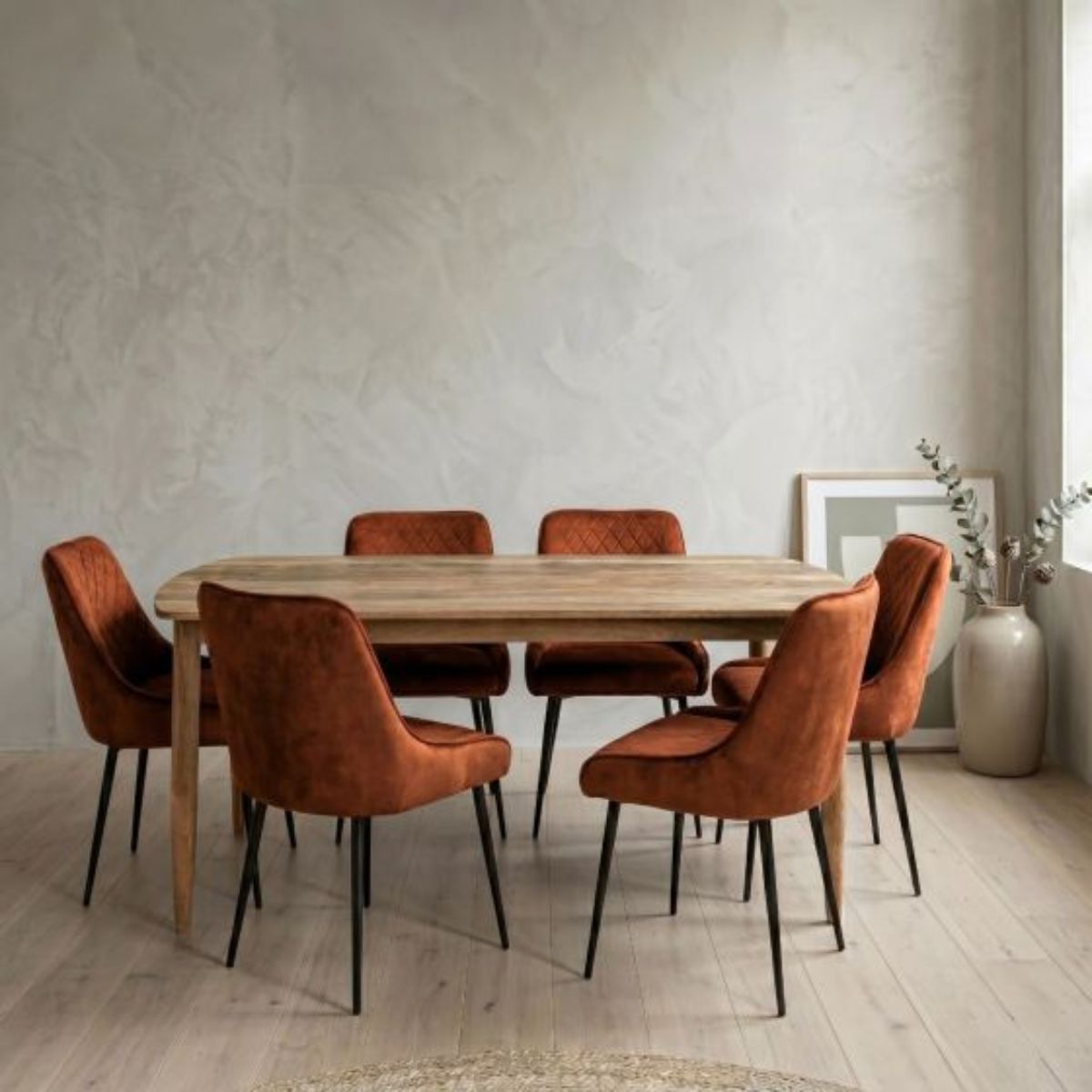 Trade Furniture Scandi Mango 190cm Dining Table & 6 Henley Velvet Dining Chairs (6 Colours)