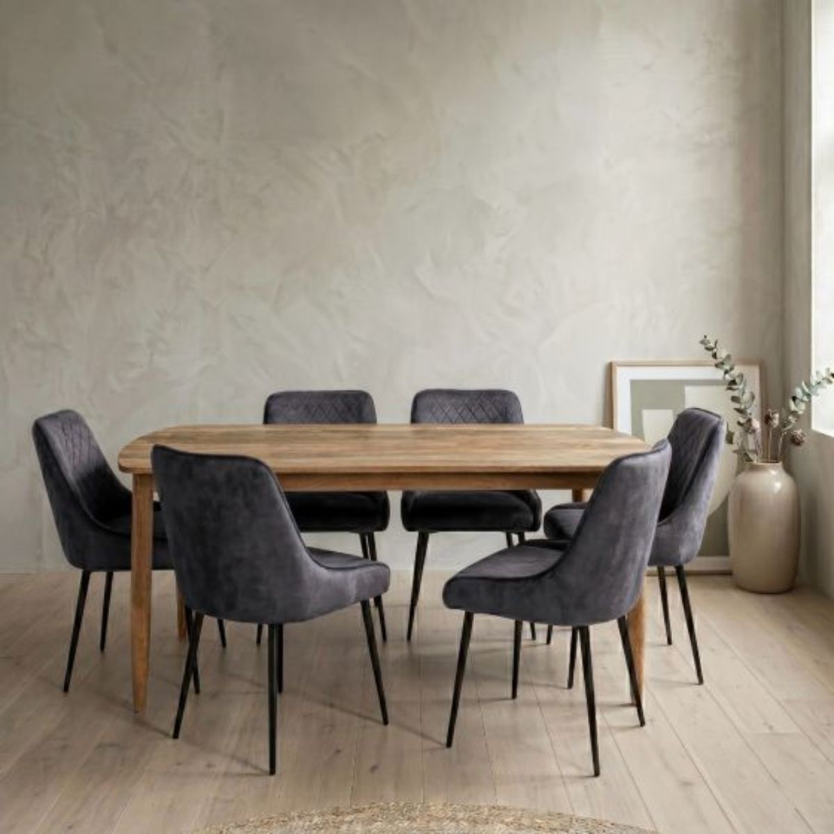Trade Furniture Scandi Mango 190cm Dining Table & 6 Henley Velvet Dining Chairs (6 Colours)