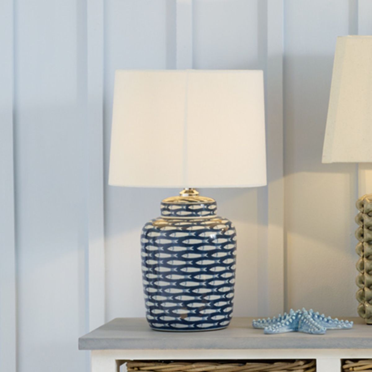 Pacific Lifestyle Schoal Blue and White Fish Detail Ceramic Table Lamp