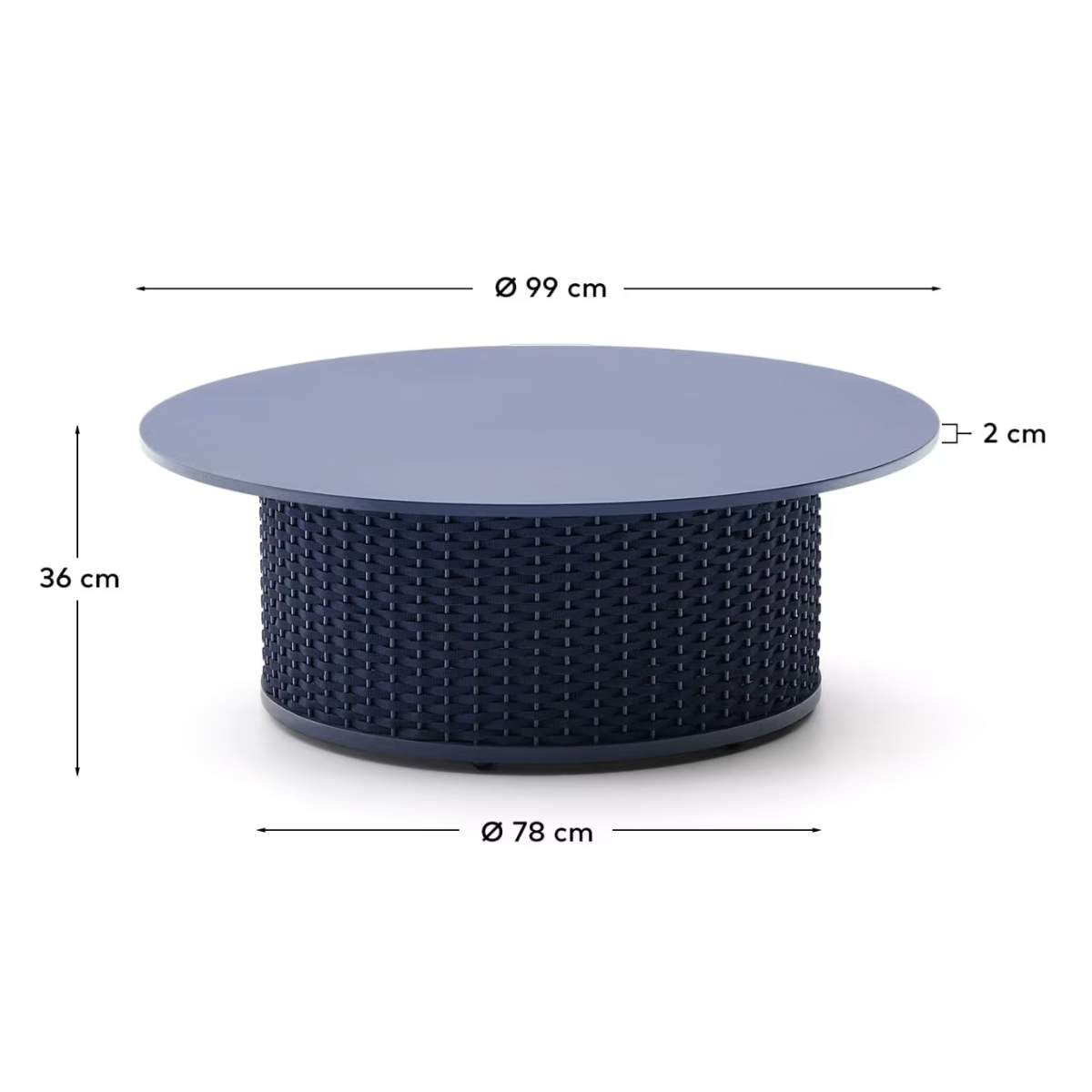 Kave Home Sedalis outdoor coffee table in aluminium with blue rope cord Ø99 cm
