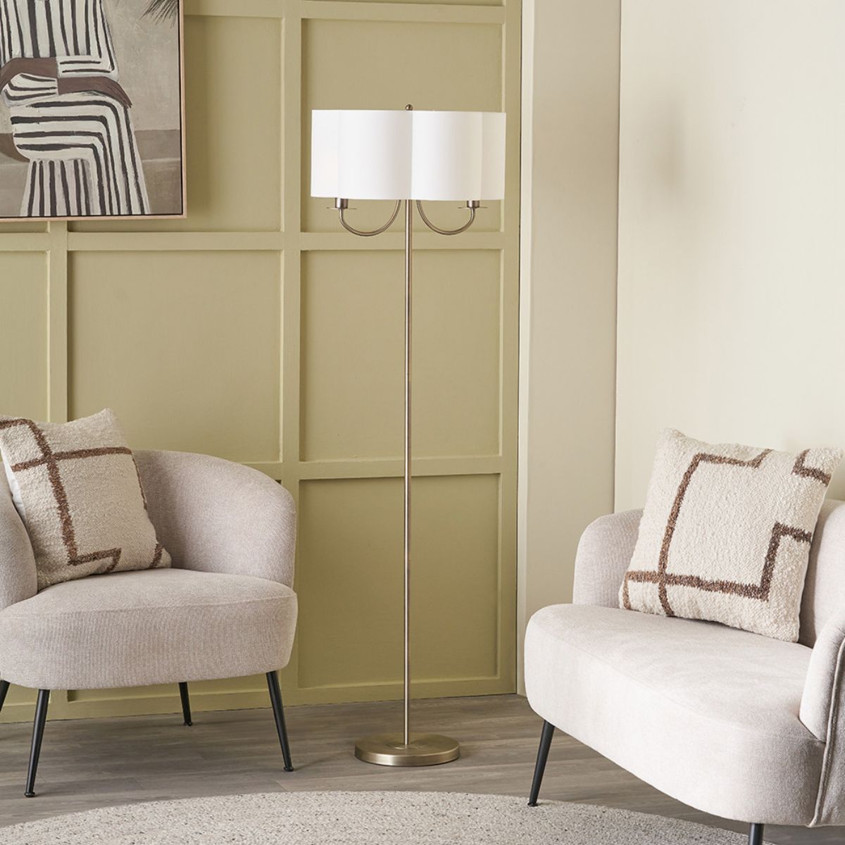 Pacific Lifestyle Seraphine Matt Antique Brass Metal and White Cotton Mix Scallop Shaded Floor Lamp