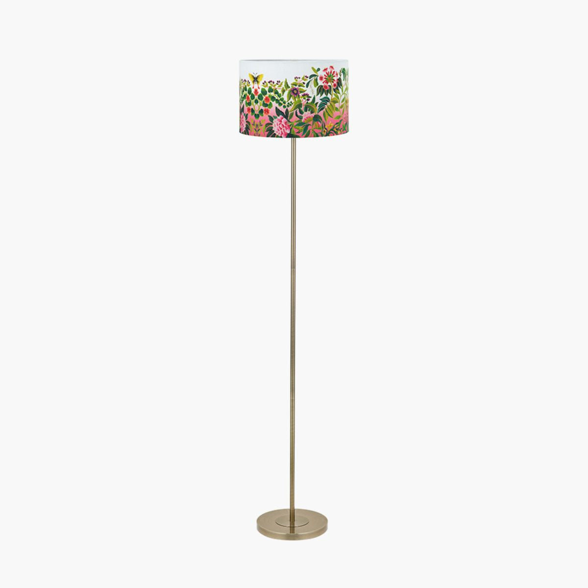 Designers Guild Sesvenna Antique Brass Metal Stick Floor Lamp Base with Ikebana 45cm Drum Shade Fuchsia