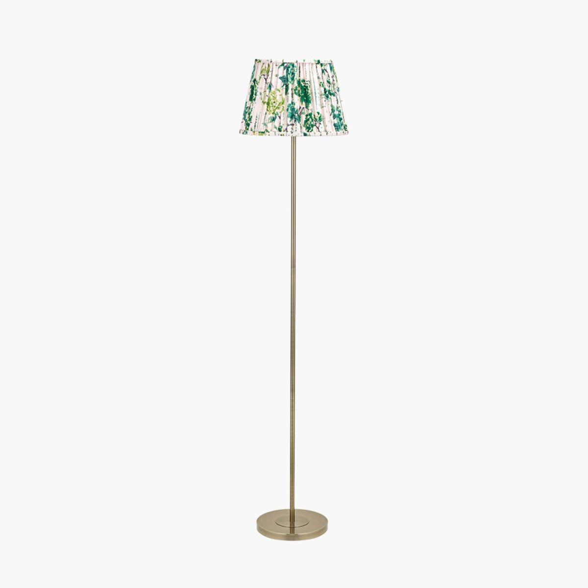 Designers Guild Sesvenna Antique Brass Metal Stick Floor Lamp Base with Savoie 40cm Pleated Shade Emerald