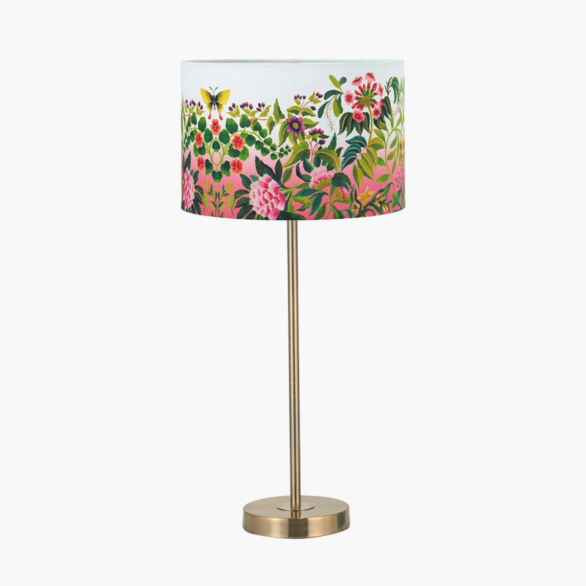 Designers Guild Sesvenna Antique Brass Metal Stick Table Lamp Base with Ikebana 35cm Drum Shade Fuchsia
