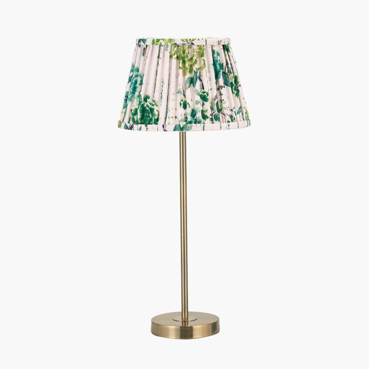 Designers Guild Sesvenna Antique Brass Metal Stick Table Lamp Base with Kyoto Flower 25cm Pleated Shade Emerald