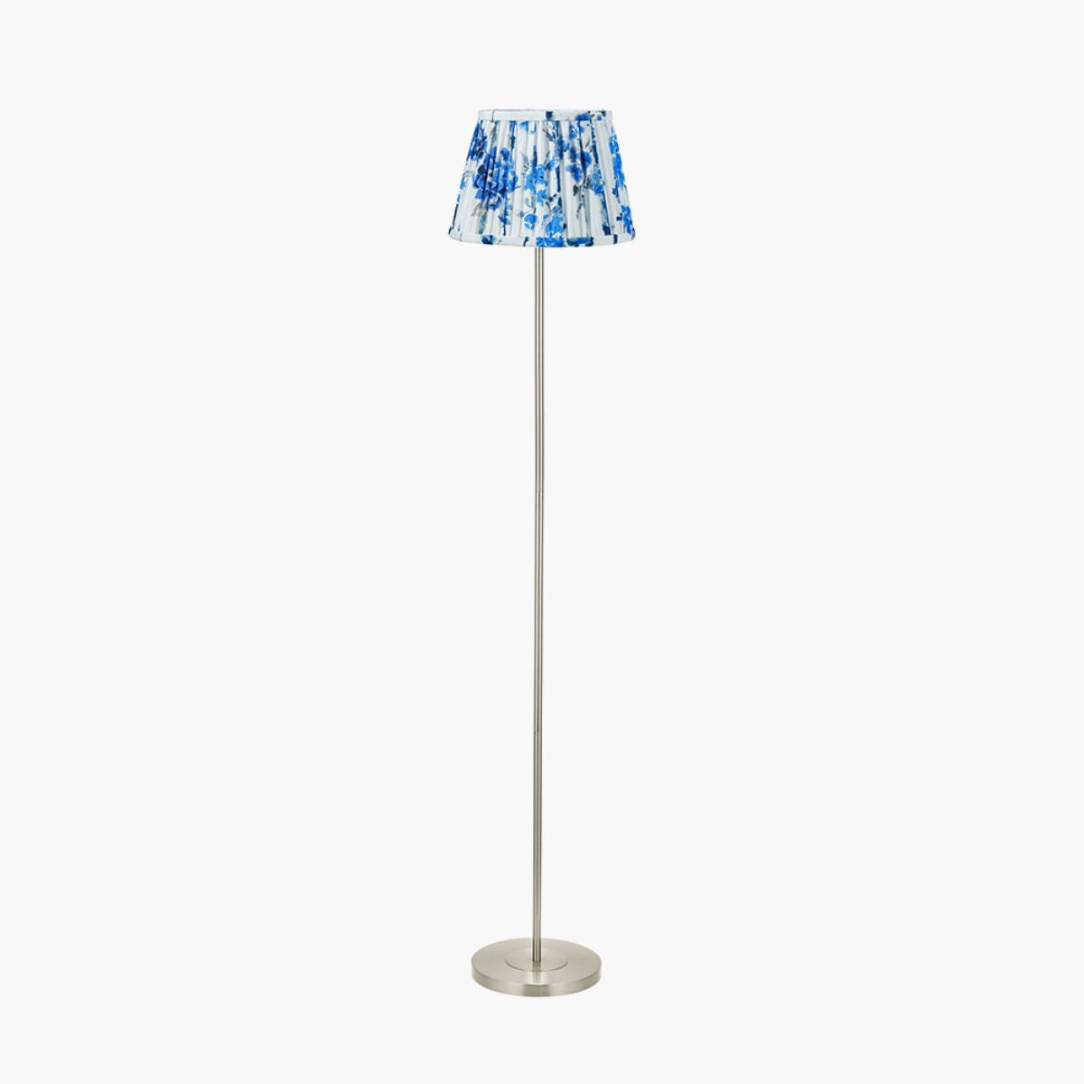 Designers Guild Sesvenna Brushed Silver Metal Stick Floor Lamp Base with Kyoto Flower 40cm Pleated Shade Cobalt