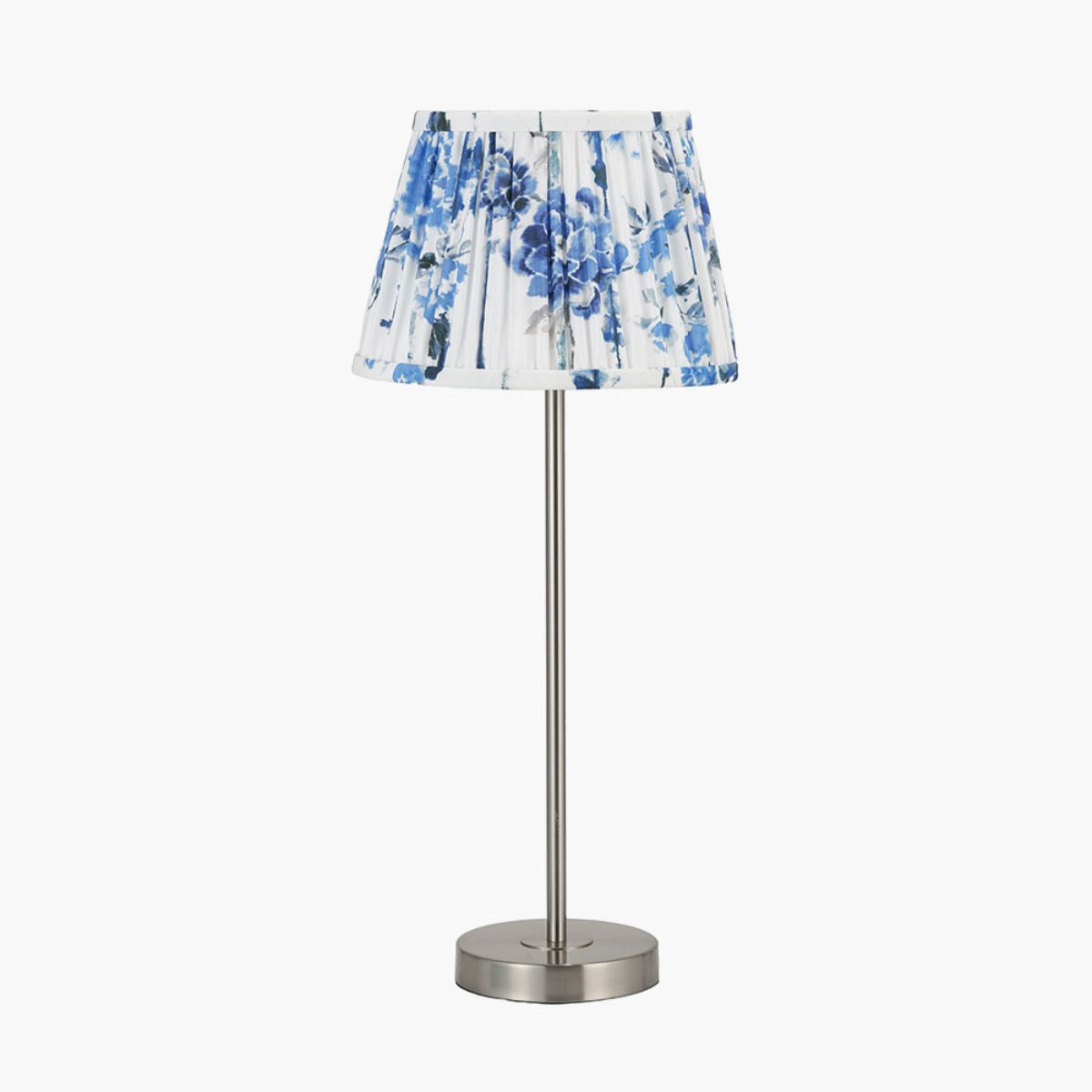 Designers Guild Sesvenna Brushed Silver Metal Stick Table Lamp Base with Kyoto Flower 25cm Pleated Shade Cobalt