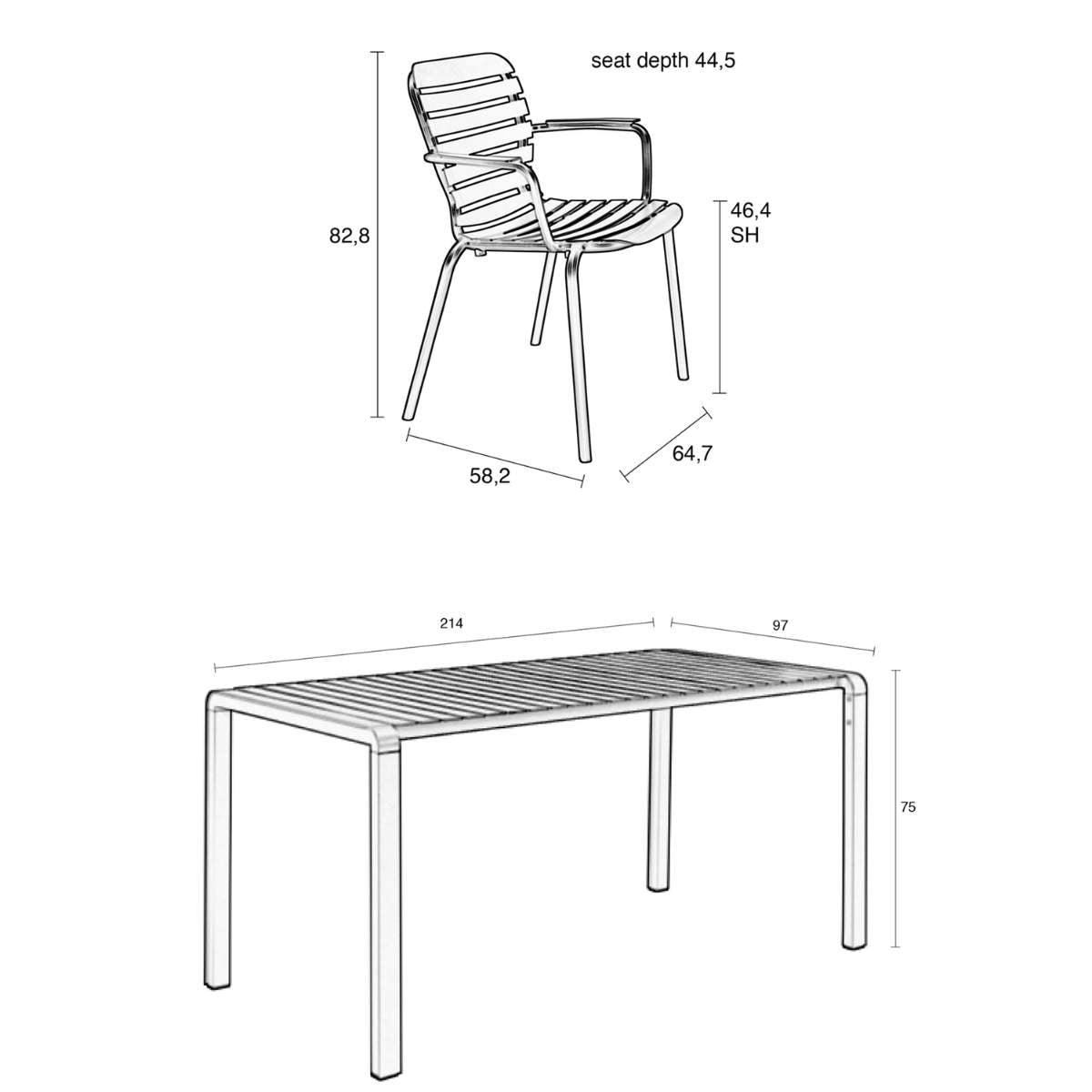 Zuiver Set Garden Table Vondel 214 + 6 Armchair Vondel