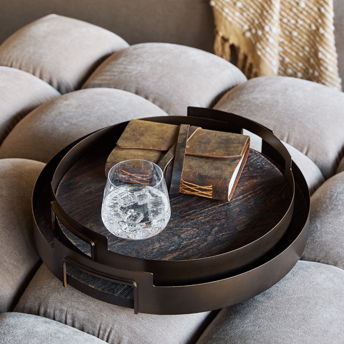 Libra Interiors Shibui Mango Wood & Smoked Gold Trays Set of 2