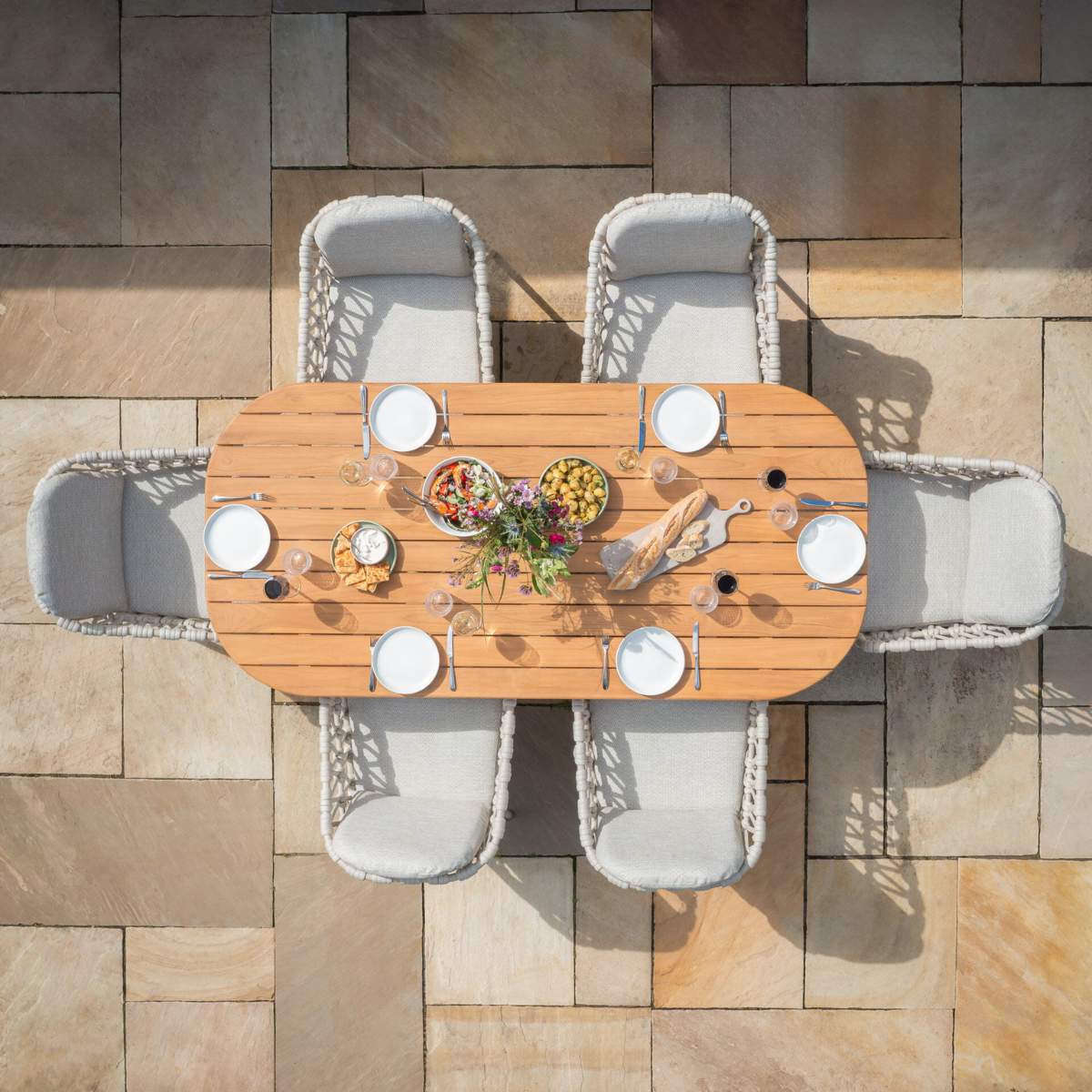 Maze Sicily Open Rope Weave 6 Seat Rectangular Dining Set - Latte