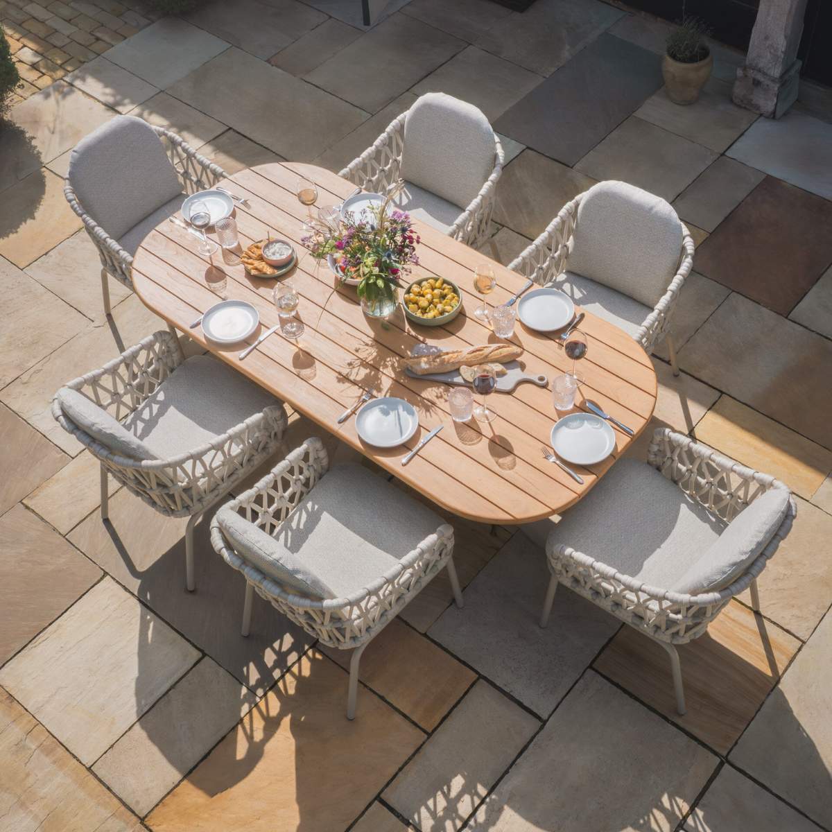 Maze Sicily Open Rope Weave 6 Seat Rectangular Dining Set - Latte