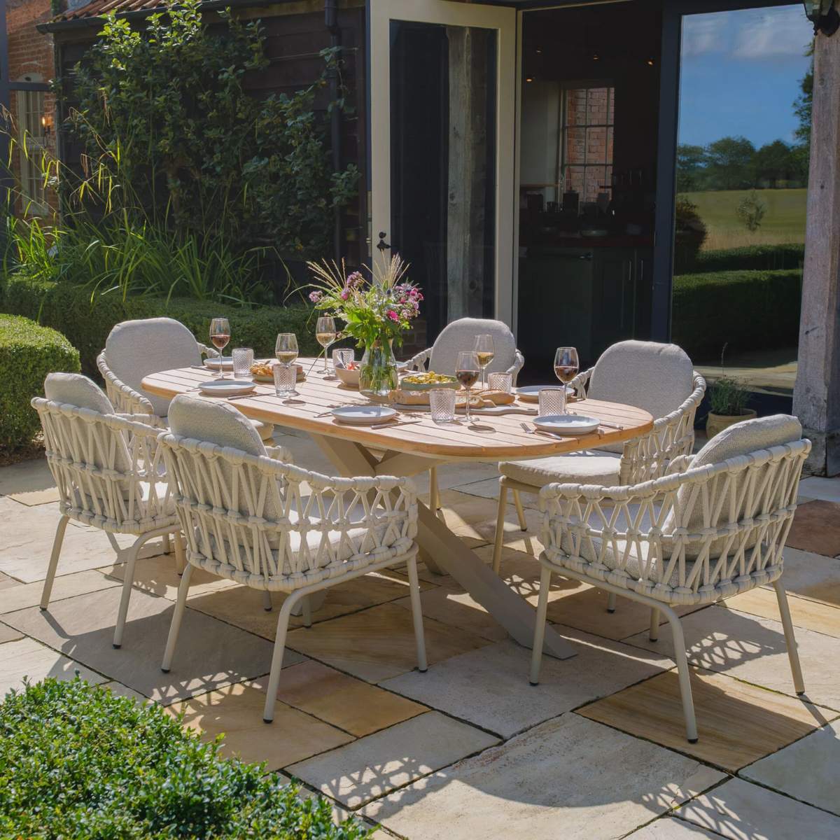 Maze Sicily Open Rope Weave 6 Seat Rectangular Dining Set - Latte