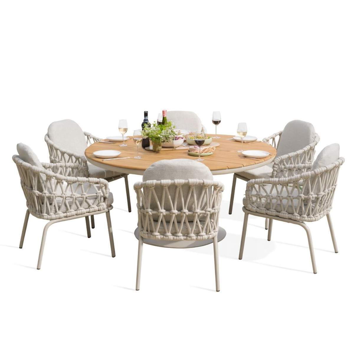 Maze Sicily Open Rope Weave 6 Seat Round Pedestal Dining Set - Latte