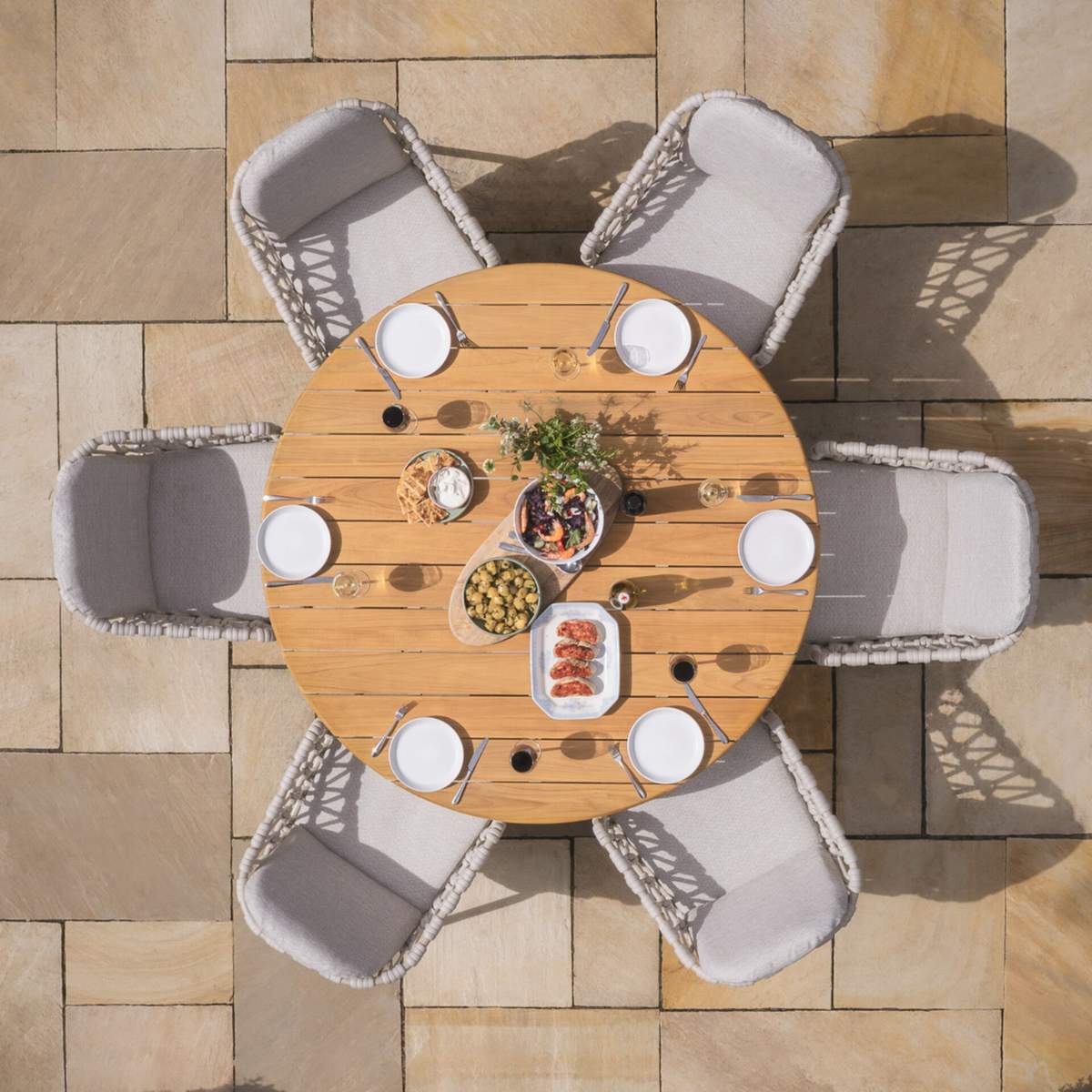 Maze Sicily Open Rope Weave 6 Seat Round Pedestal Dining Set - Latte